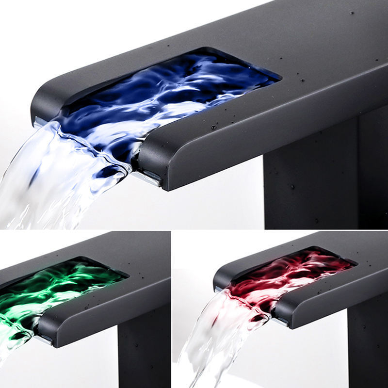 Luxury Bathroom Waterfall Faucet Colorful Led Faucet Light Water Tap Basin Mixer Hot Cold Water Black Bathroom Faucet