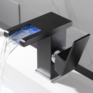 Luxury Bathroom Waterfall Faucet Colorful Led Faucet Light Water Tap Basin Mixer Hot Cold Water Black Bathroom Faucet