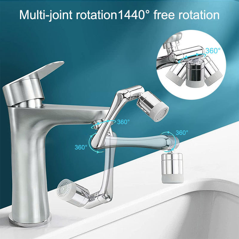 Chromed Brass Anti-splash Faucet 1440 Degrees Rotating Faucet Extender Aerator 2 Water Outlet Modes 1440 Swivel Faucet Extender