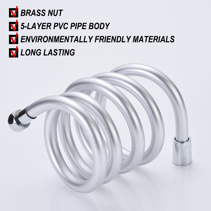 High quality 1.5m shower hose pipe silver grey chromed PVC electrical flexible hose smooth shower hose