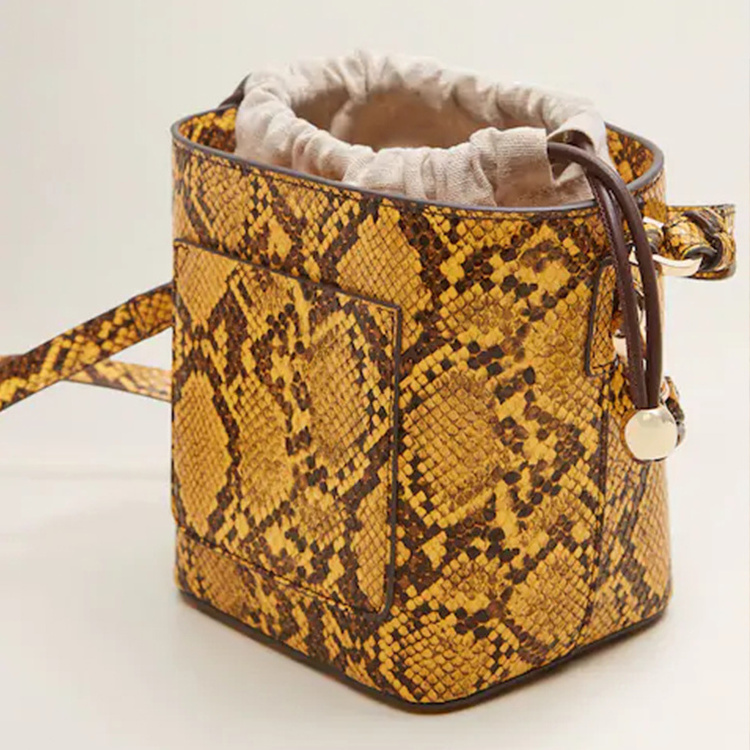 custom animal printed snakeskin python snake leather ladies hand bag bucket drawstring women handbag