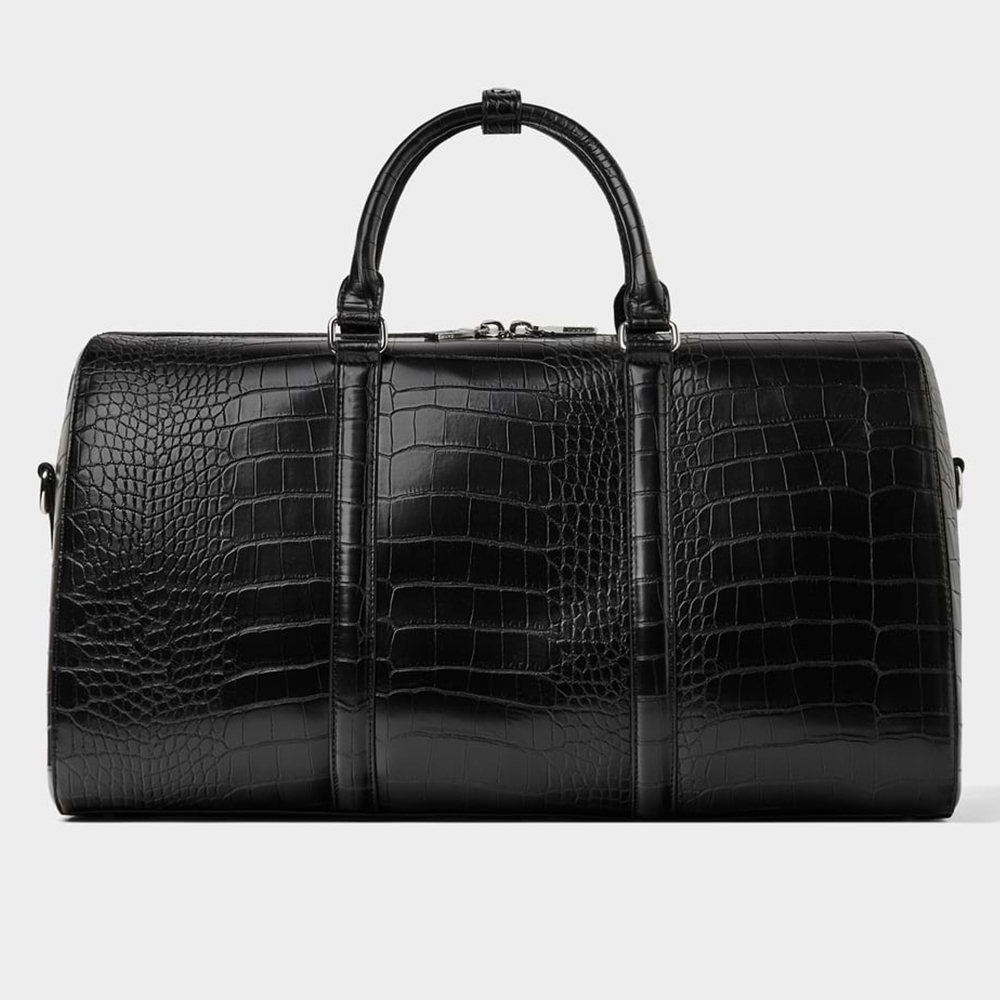 custom logo black crocodile pu leather big travel bag outdoor weekender duffle luggage bag for man