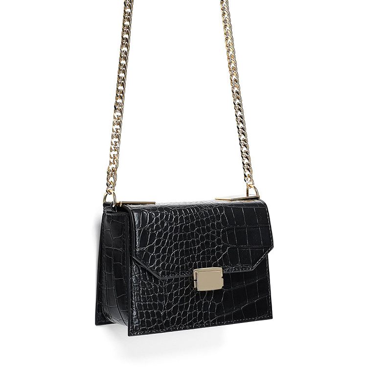 Custom black croc leather ladies chain crossbody side purse bag women crocodile handbag