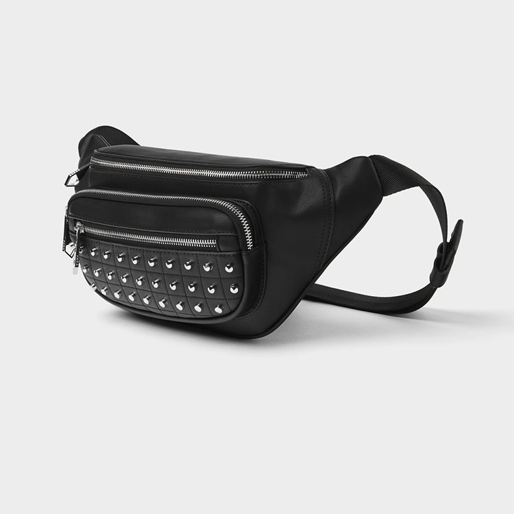 Fashion leather black studded rivet ladies fanny hip bum belt pack women waist bag