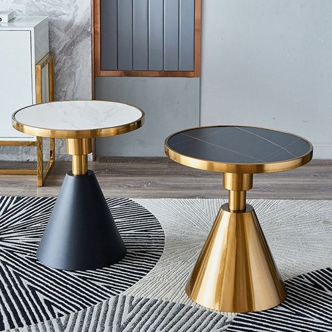 Modern Luxury Minimalist Hotel Home Living Room Black Gold Round Center Marble Metal Stainless Steel Small Coffee Tea Side Table