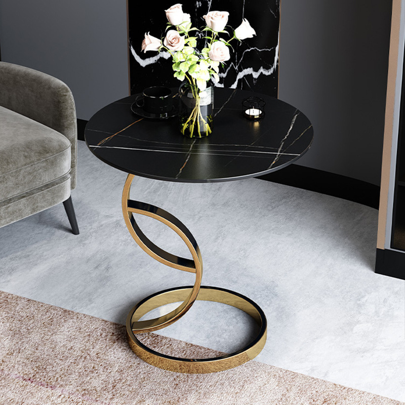 Luxury Italian Nordic Modern Simple Stone Marble Metal Living Room Hotel Balcony Gold Black Small Round Corner Coffee Table