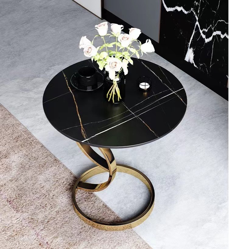 Luxury Italian Nordic Modern Simple Stone Marble Metal Living Room Hotel Balcony Gold Black Small Round Corner Coffee Table