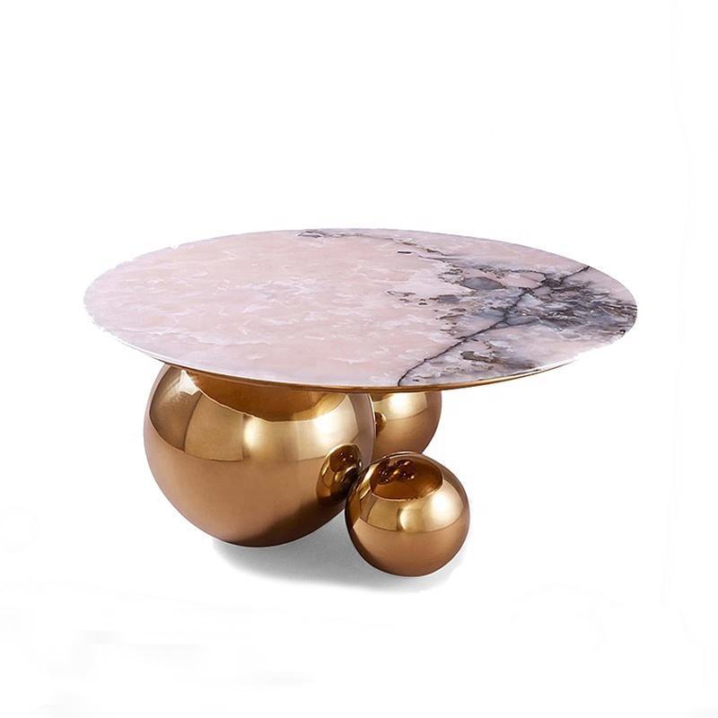 Modern Luxury Italian Living Room Gold Black Round Metal Stainless Steel Marble Top Center Tea Coffee Table with Ball Legs