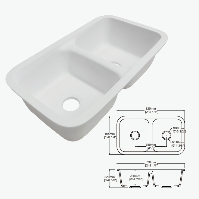 Customized Durable White Dish Washing Industrial Acrylic Resin Solid Surface Undermount Wash Basin Kitchen Sinks