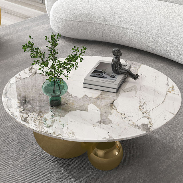 Modern Luxury Italian Living Room Gold Black Round Metal Stainless Steel Marble Top Center Tea Coffee Table with Ball Legs