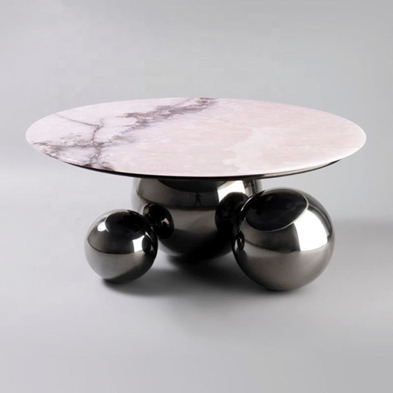 Modern Luxury Italian Living Room Gold Black Round Metal Stainless Steel Marble Top Center Tea Coffee Table with Ball Legs