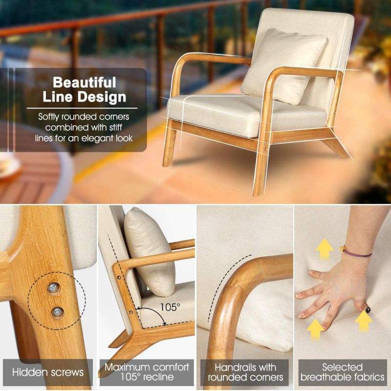 Wabi-Sabi Casual Boho Single Couch Sofa Accent Recliner Armchair Dining Living Room Upholstered Wooden Lounge Chair With Arm