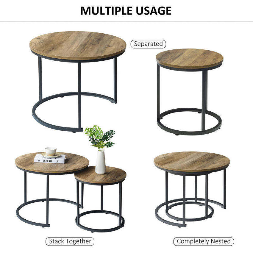 Metal Stainless Steel Round Wood Center Side Mesa De Centro Nesting Coffee Table Set Of 2 For Living Room Furniture