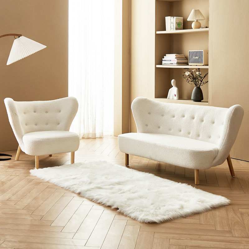 Scandinavian Modern Lounge Upholstered Solid Wood Lamb Wool Cuddle White Couch Sofa Chairs For Living Room