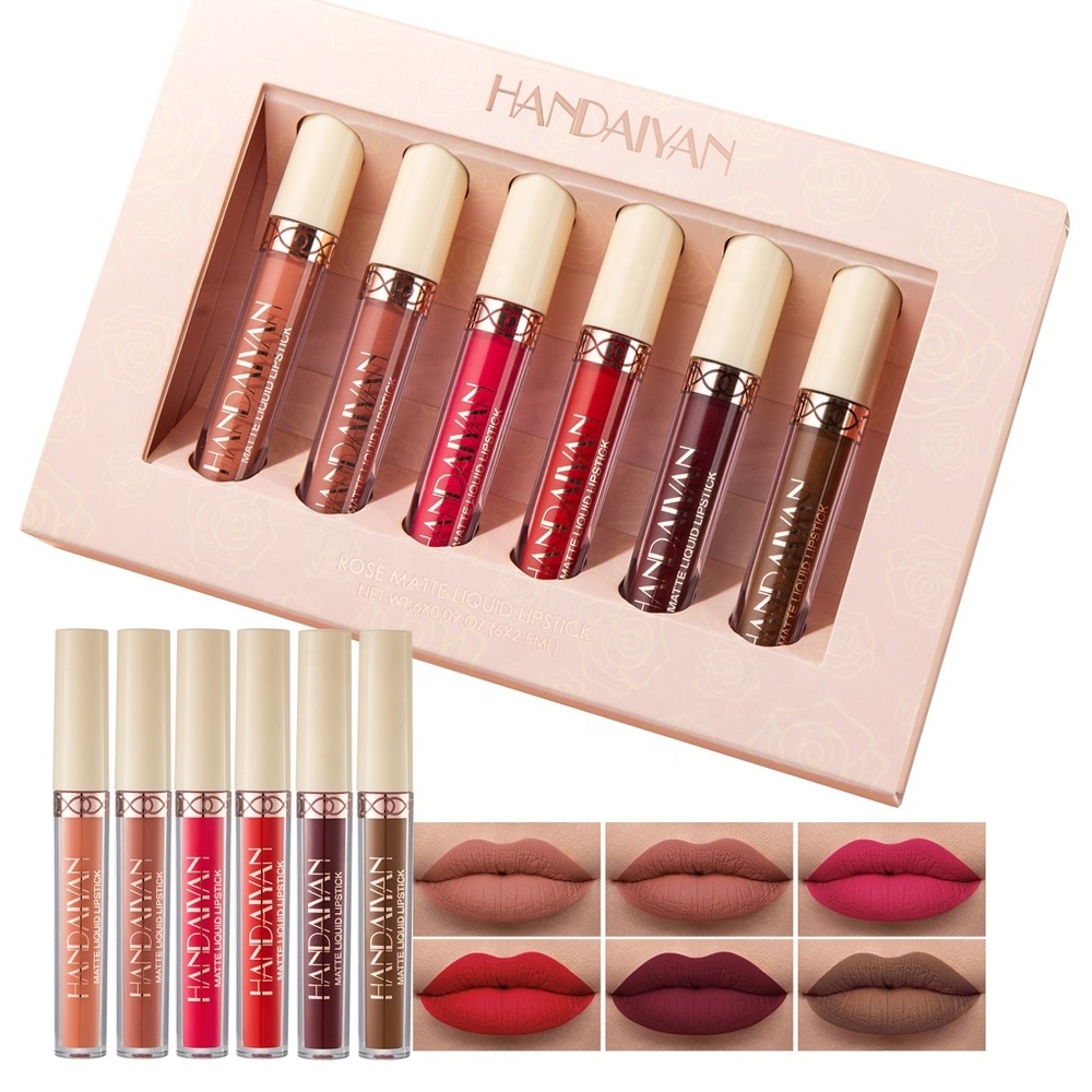 HANDAIYAN 6pcs rose flavor matte liquid lipstick set rich color long lasting waterproof non stick cup lipgloss