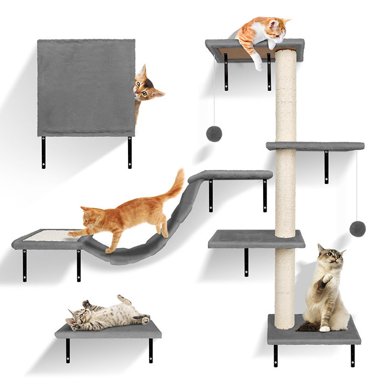 Wooden cat tree tower scratching climbing frame wall mounted cat shelves jumping platform