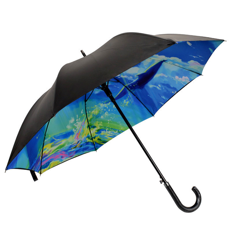 Custom Promotional Luxury Black Hotel Umbrella With Logo Prints Golf Umbrella Long handled Fiberglass Large Umbrella