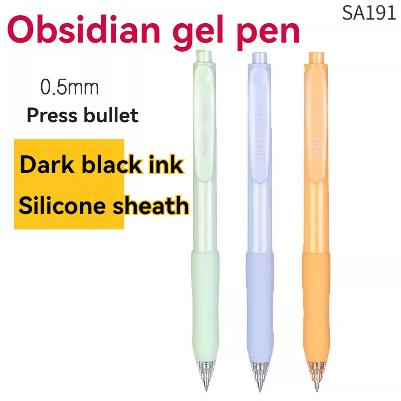 Deli SA191 Obsidian Press Gel Pen Orange Rod 1 Ink Writing Smooth Silicone Sheath Comfortable Grip 0.5 Bullet Black Pen