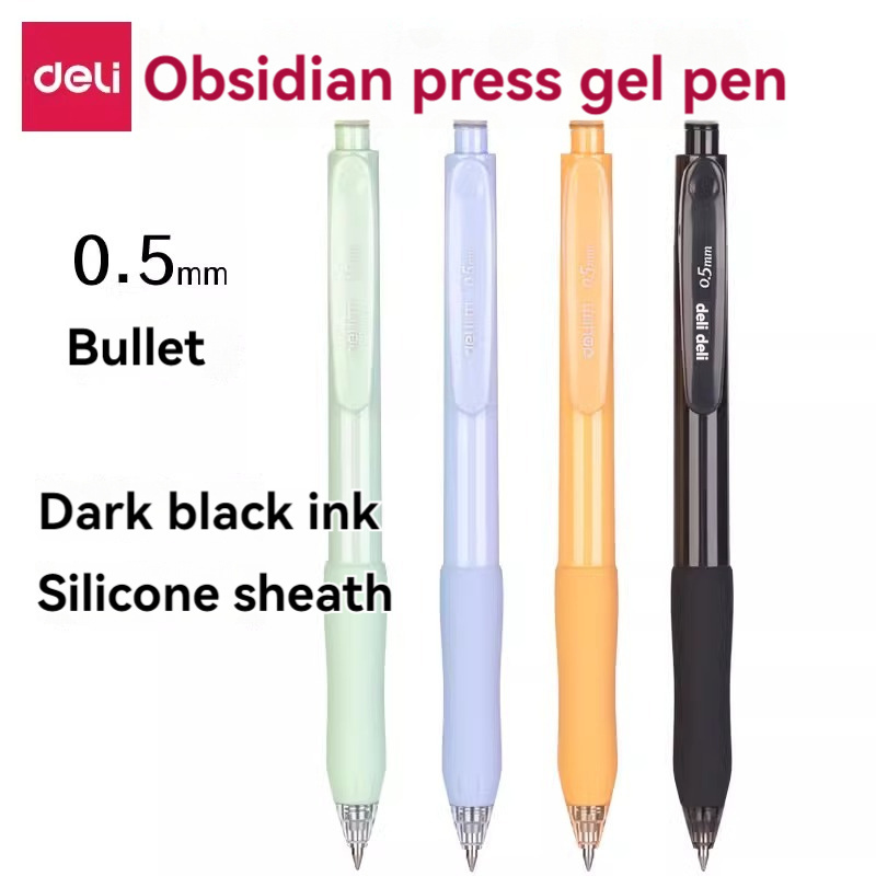 Deli SA191 Obsidian Press Gel Pen Green Rod 1 Ink Writing Smooth Silicone Sheath Comfortable Grip 0.5 Bullet Black Pen