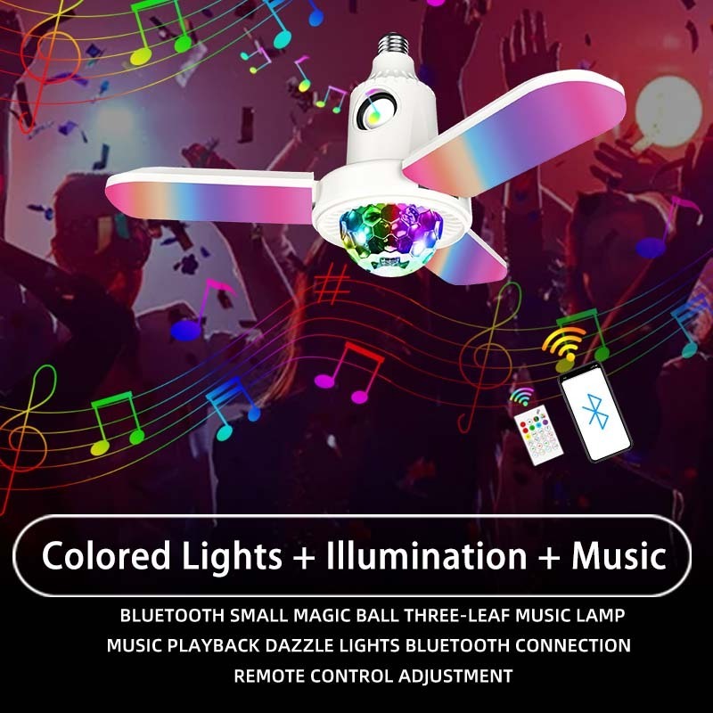 LED 3 Leaves Fan Folding Bulb 33W  With Remote Control RGB Disco Light Music Speaker star Projector E27 Party Magic Ball lamp