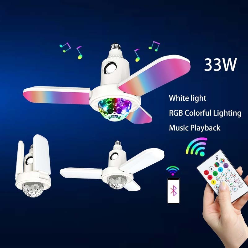 LED 3 Leaves Fan Folding Bulb 33W  With Remote Control RGB Disco Light Music Speaker star Projector E27 Party Magic Ball lamp