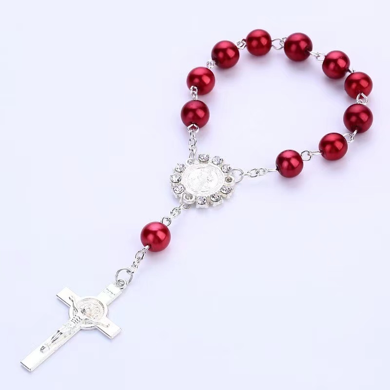 Wholesales Christian Plastic Round Peal Glass Beads Rosary Crucifix Virgin Mary Pendant Bracelet