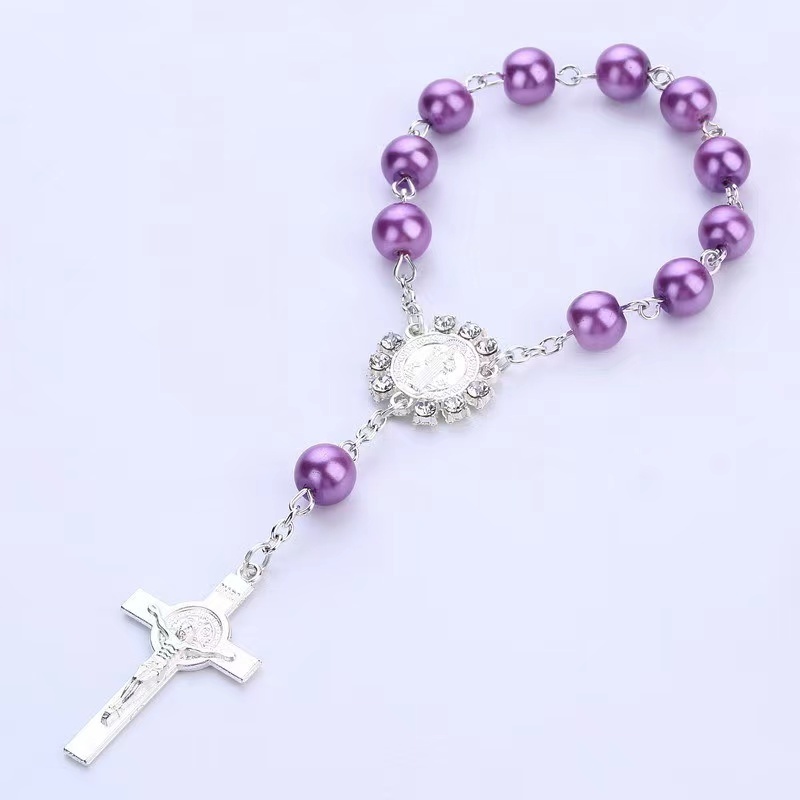 Wholesales Christian Plastic Round Peal Glass Beads Rosary Crucifix Virgin Mary Pendant Bracelet