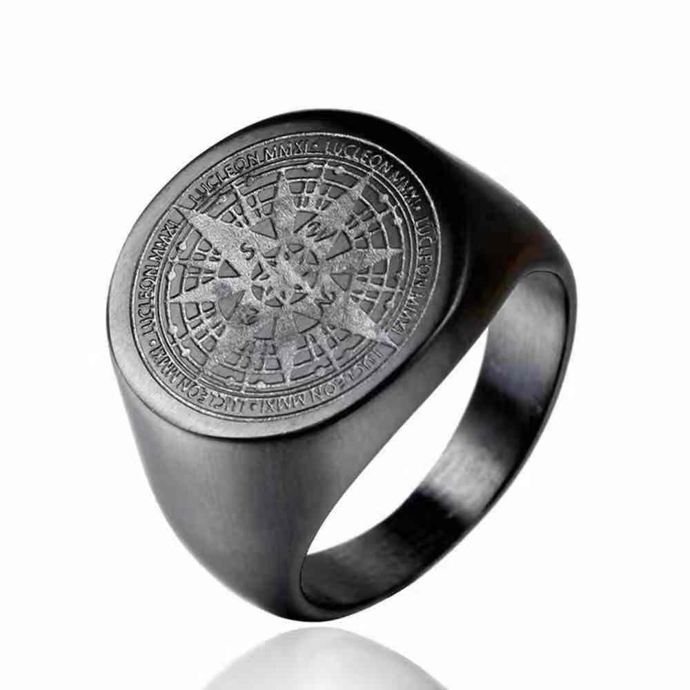 Mens Rings Stainless Steel Stainless Steel Round shape Engraved Signet Ring Black Compass Ring