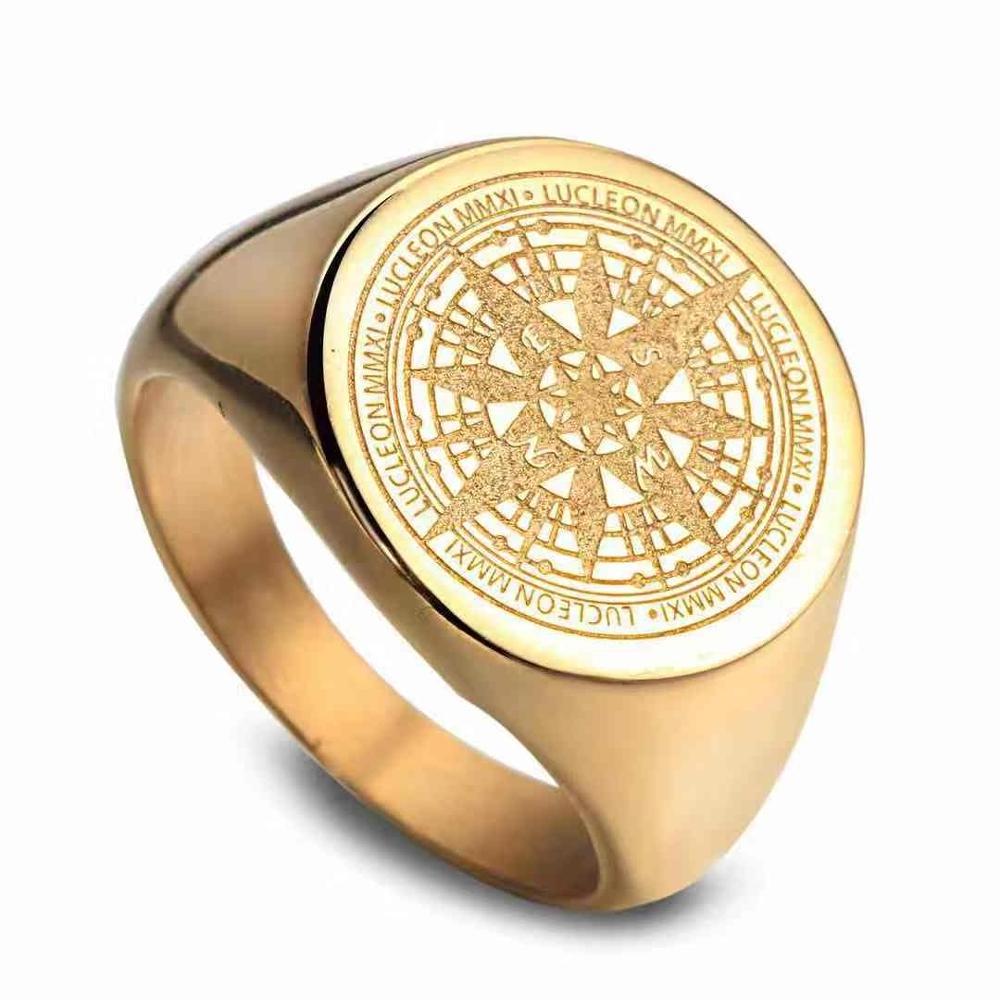 Mens Rings Stainless Steel Stainless Steel Round shape Engraved Signet Ring Black Compass Ring