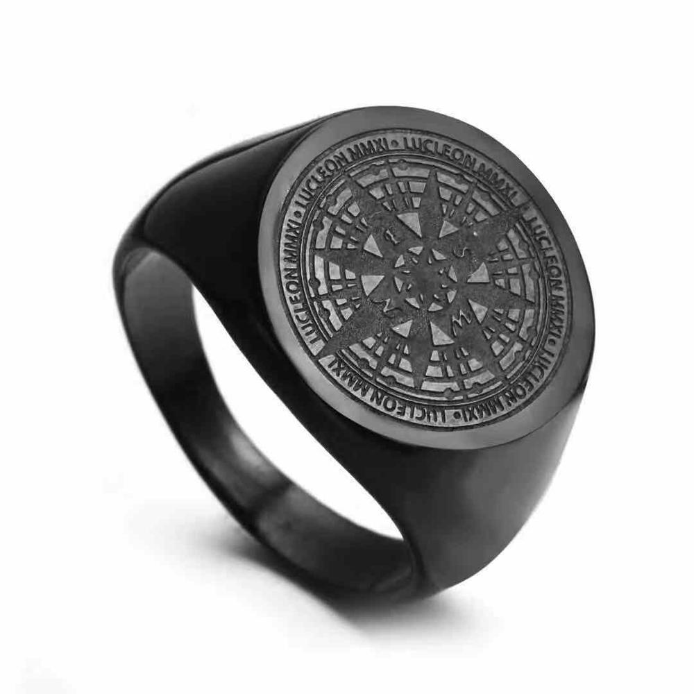 Mens Rings Stainless Steel Stainless Steel Round shape Engraved Signet Ring Black Compass Ring