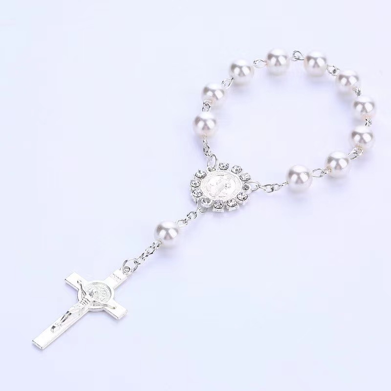 Wholesales Christian Plastic Round Peal Glass Beads Rosary Crucifix Virgin Mary Pendant Bracelet