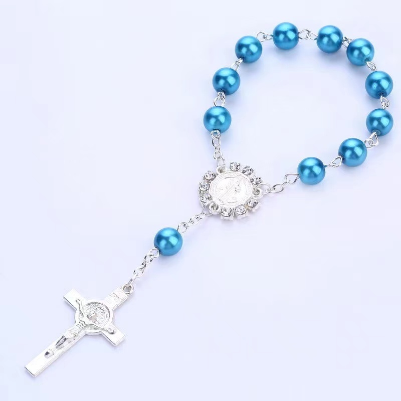 Wholesales Christian Plastic Round Peal Glass Beads Rosary Crucifix Virgin Mary Pendant Bracelet