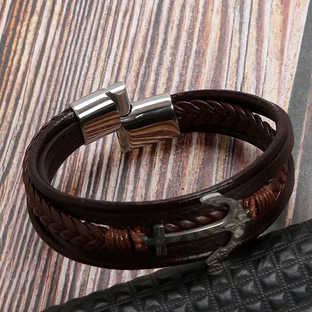 Best Selling Multi-layer Leather Rope Woven Stainless Steel Anchor Bracelet Necklace Jewelry