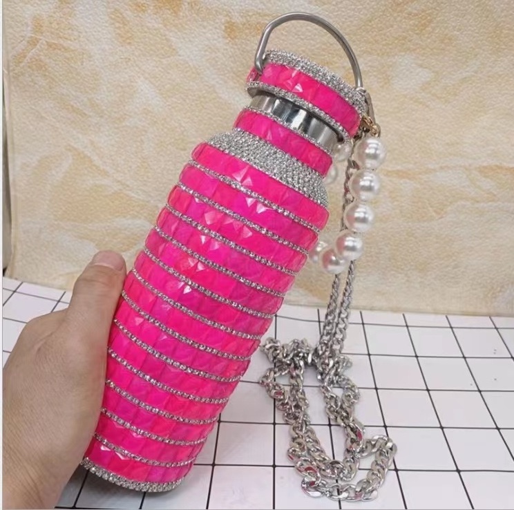 custom logo Portable Rhinestone Diamond Double Layer Stainless Steel Crystal Water Bottles Outdoor Sports Travel Metal flask