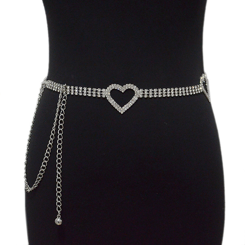 Fashion Versatile Rhinestone Inlaid Heart Buckle Belt Luxury Diamond Chain Belt for Women