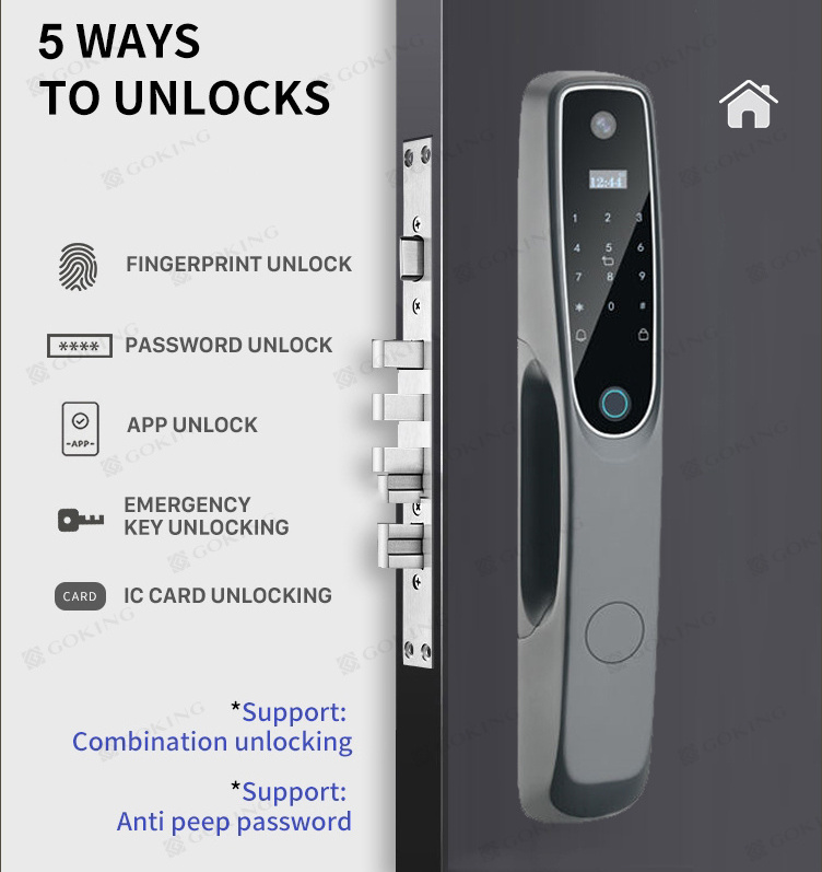 Goking wholesale cheap price tuya remote control smart lock fingerprint locker lock with usb charging camera and doorbell