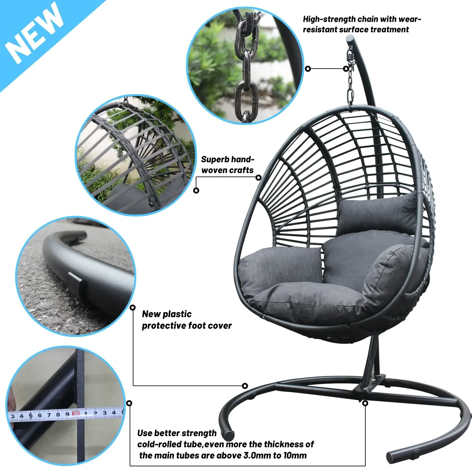 New Wholesale Designer Egg Swing Chair Cozy High-quality Modern Circle Hanging Swinging Indoor OutdoorRattan Egg Swing Chair