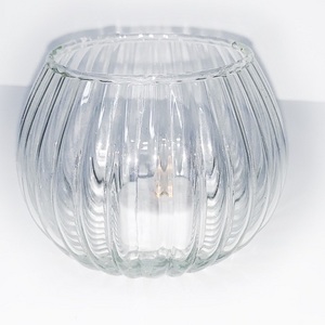 OEM Hand Blown Clear Borosilicate Ribbed Sphere Glass Gobe Tealight Candle Candlestick Holder for Home Decoration