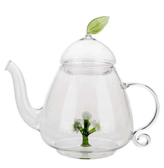 Wholesale Customized High Borosilicate Heat Resistant Teapot With 3D Tree Teapot With Cup Glass Teapot Set