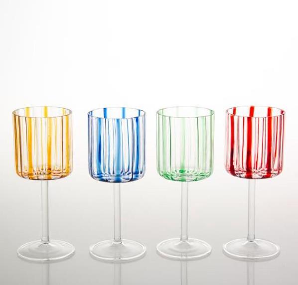 Wholesale Customized Nordic Retro Elegant Lead Free Clear Goblet Stemmed Colored Stripes Wine Glass Cup for Restaurant Hotel