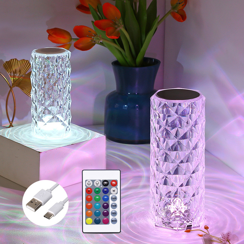 Crystal Diamond Rose Led Table Light White RGB 16Colors Touch Remote Control USB Rechargeable Romantic Atmosphere Table Lamp