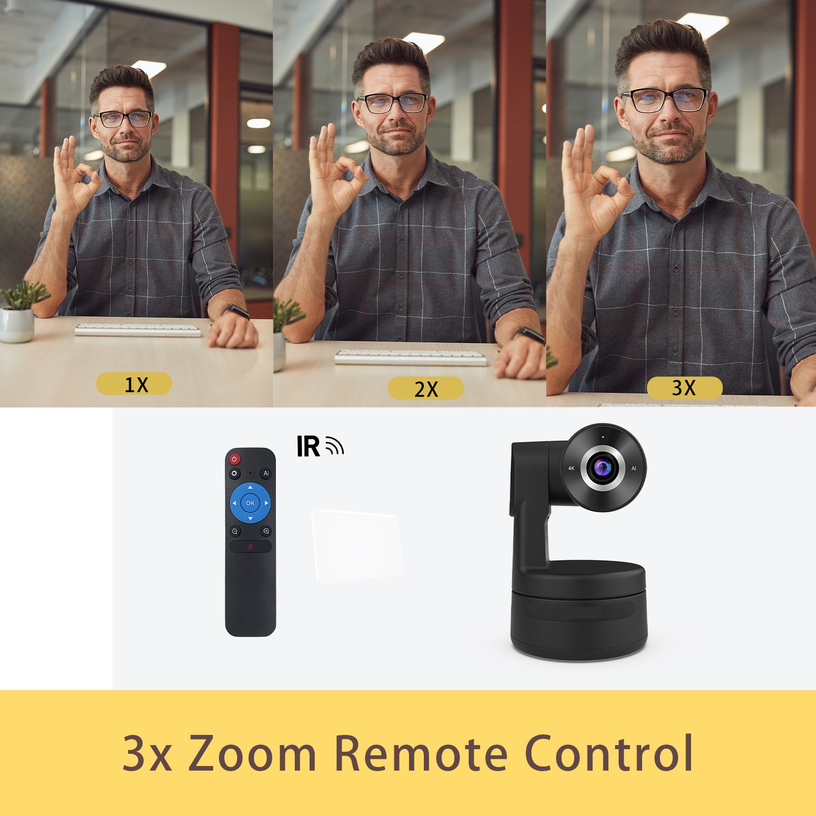 4K Auto Focus AI-Powered PTZ Webcam Remote Control Living Stream Camera 3X Zoom Auto Track Online Meeting Conference Camera