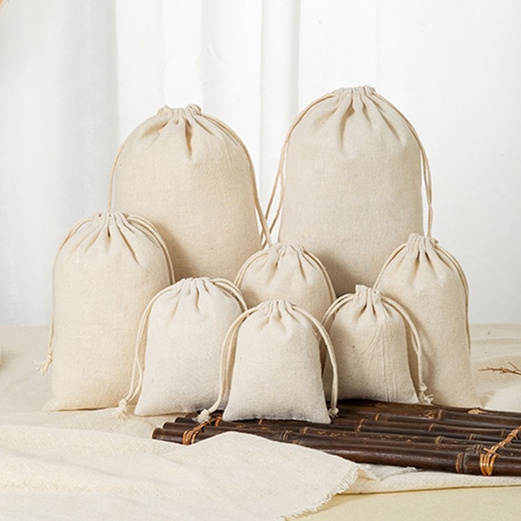 High Quality Eco Muslin Cotton Jewelry Packaging Pouch Customized Organic Cotton Linen Drawstring Bag