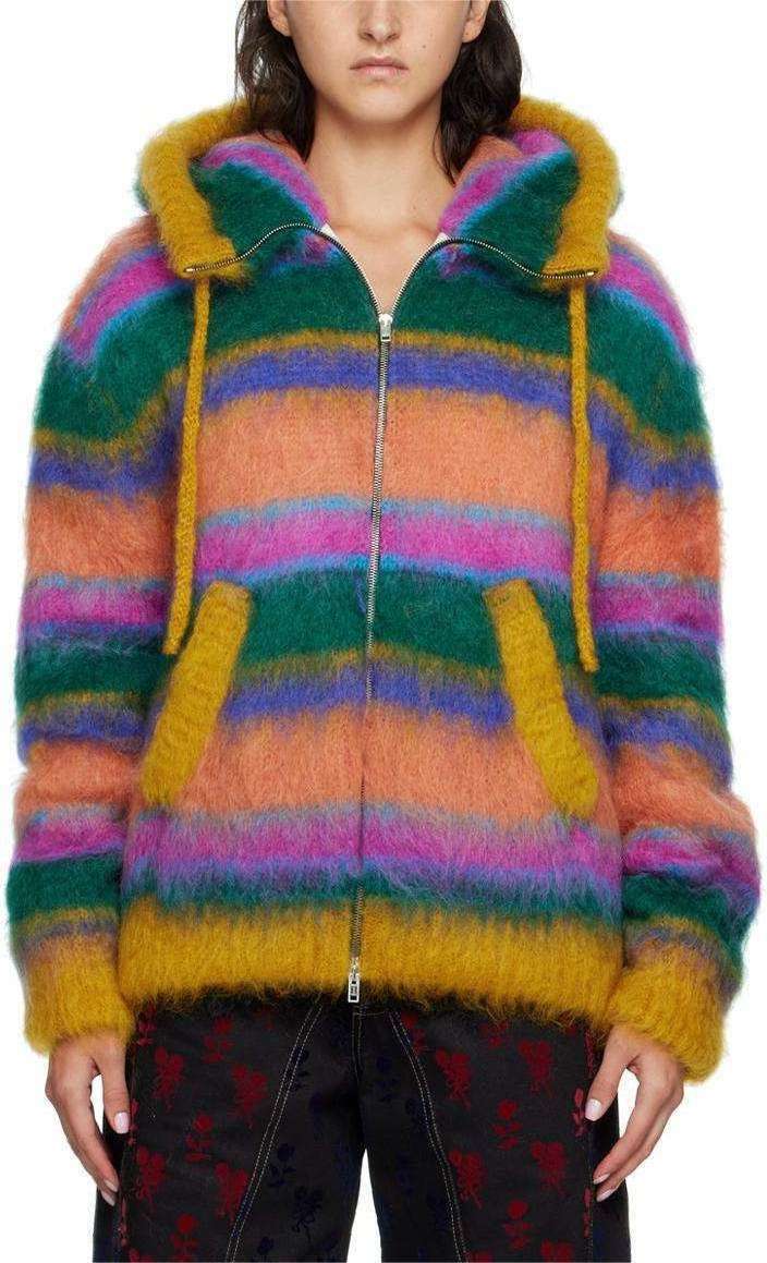 Men Fuzzy Long Sleeve Striped Zip-Up Hooded Cardigan Mohair Sweater