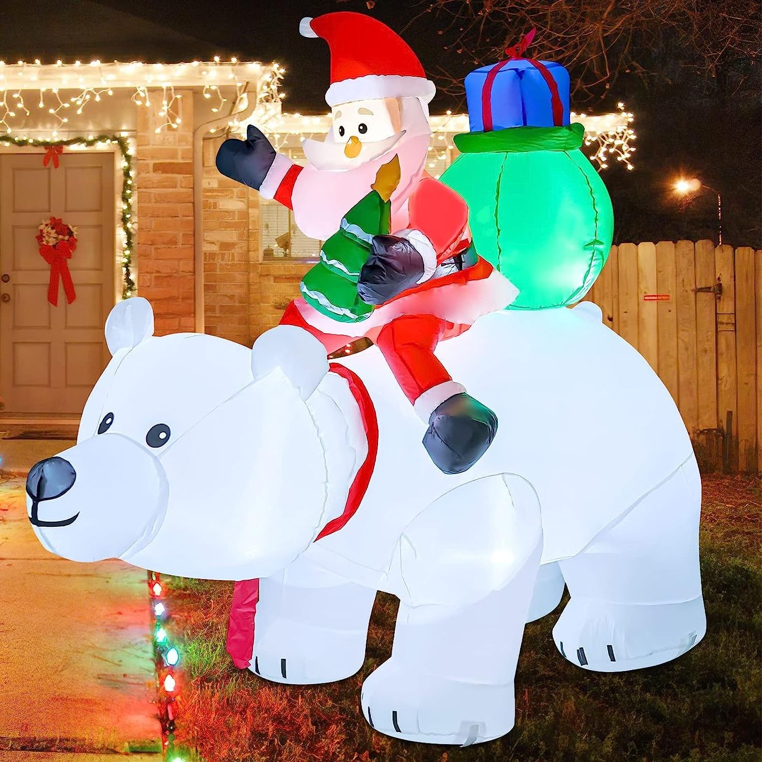 Hot Sale outdoor giant inflatable polar bear Christmas decorations Santa Claus riding on polar bear yard decor