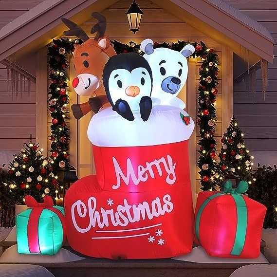 Christmas Blow Up LED lights Stocking Inflatable in Christmas animals standing on sock for Party Outdoor stockings decorations