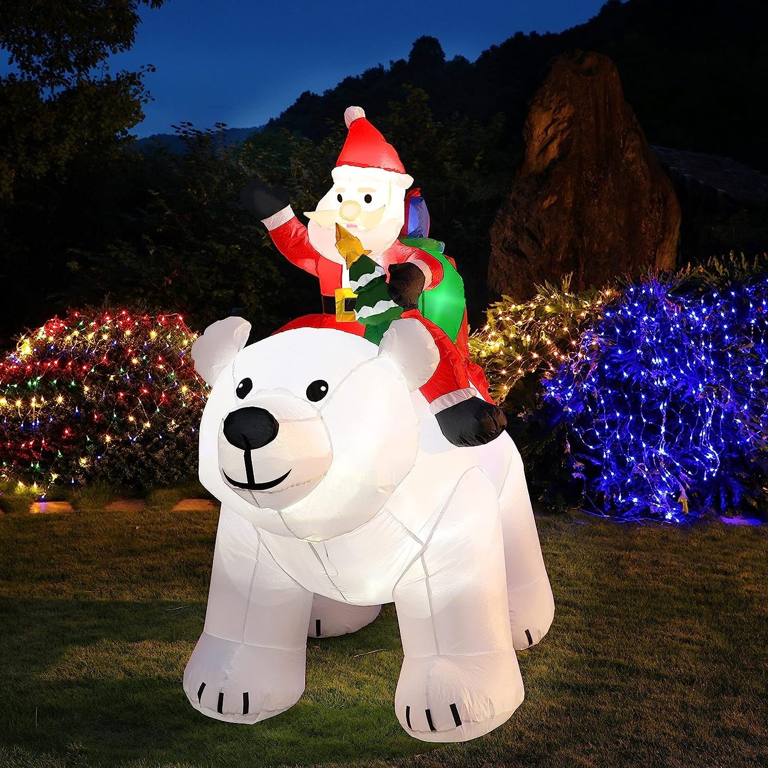 Hot Sale outdoor giant inflatable polar bear Christmas decorations Santa Claus riding on polar bear yard decor