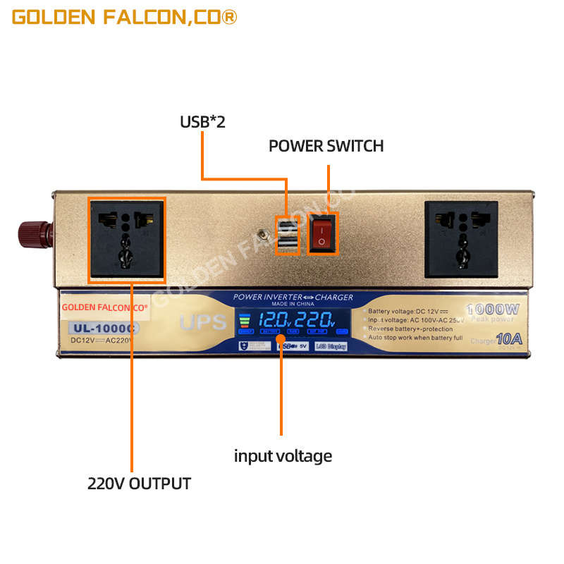 UPS inverter 1000w inverter with battery charger 10A LCD display universal socket Inversor charger 1KW