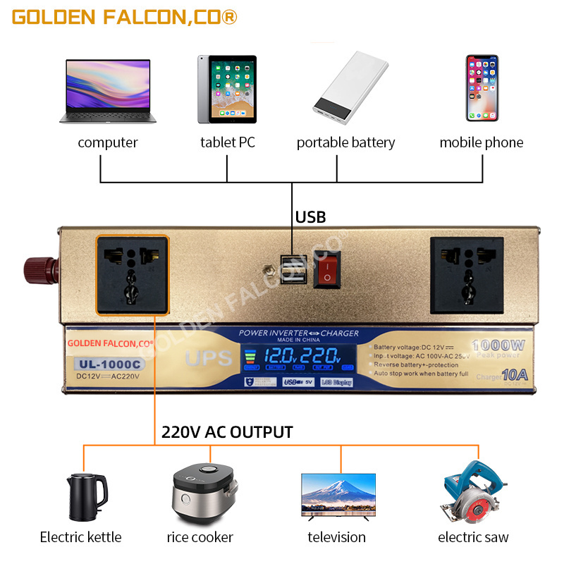 UPS inverter 1000w inverter with battery charger 10A LCD display universal socket Inversor charger 1KW