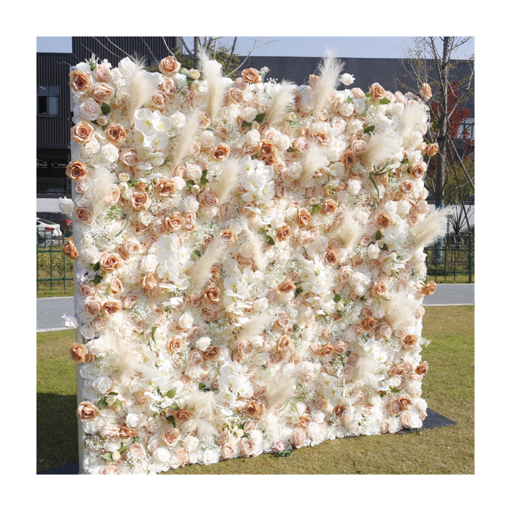 2024 New design 3D Roll Up Artificial Silk Rose Flower Wall Backdrop Panel White Flower Wall for Wedding Home Salon Decor